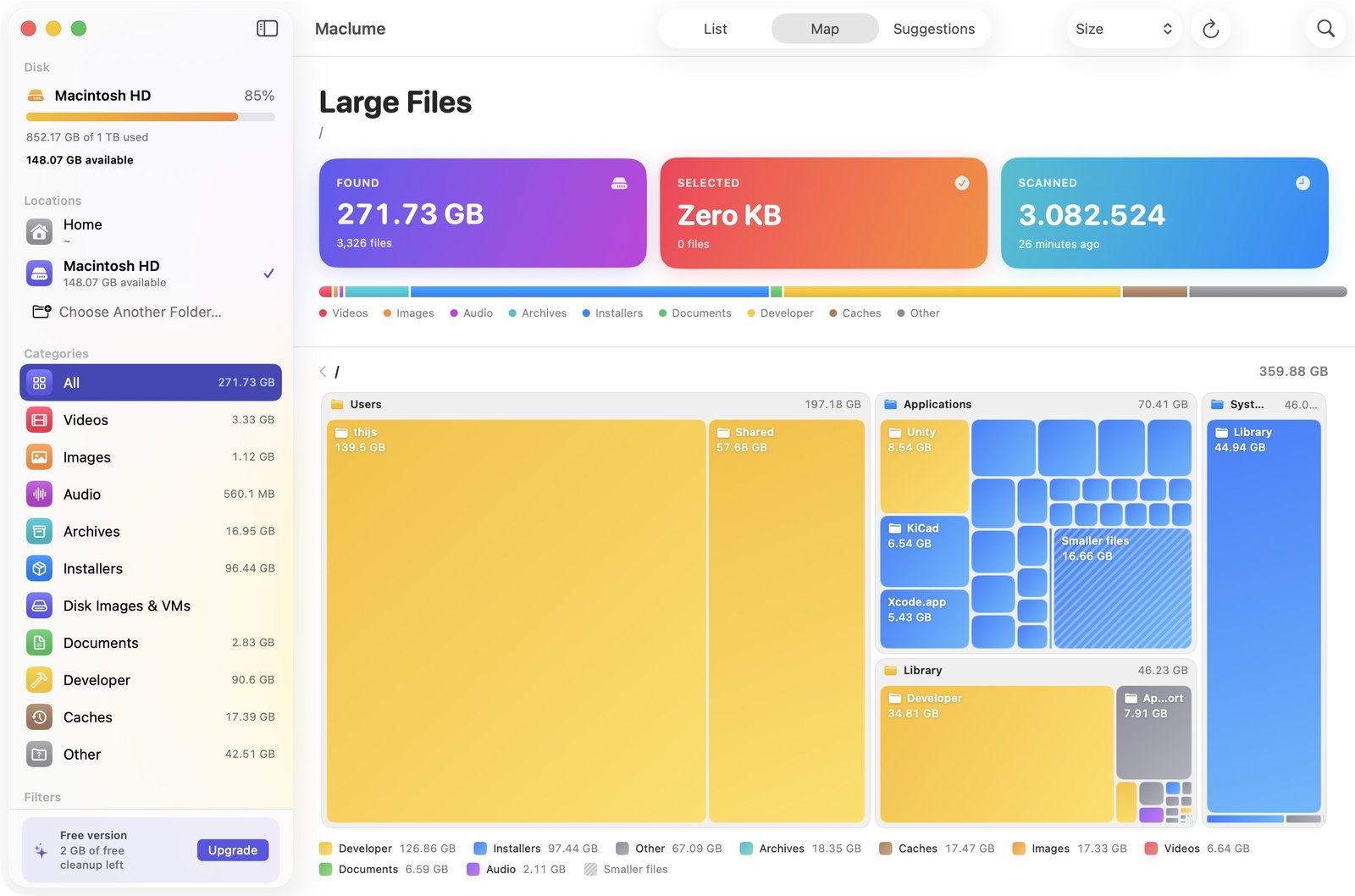 Maclume map view showing folders as tiles sized by disk usage